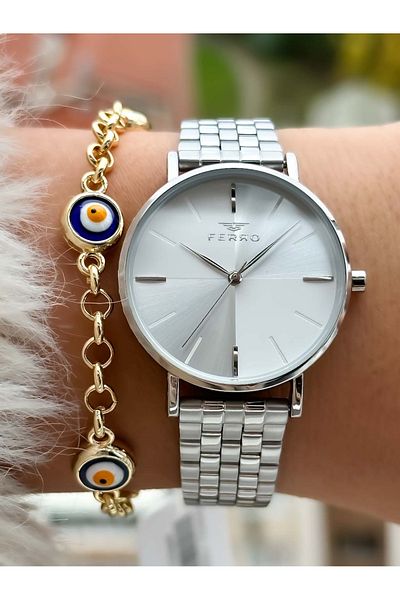 FERRO Brand New Season Silver Color, Steel Strap, Simple Model Women's Wristwatch + Bracelet in Box