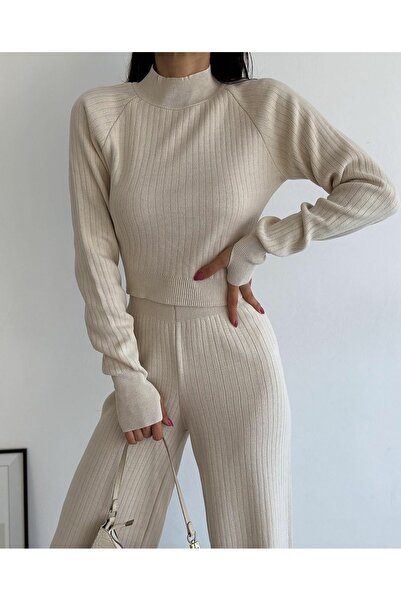 Leo Ferre Γυναικείο Σετ Πλεκτό Σκούρο Κρεμ Χρώμα Finger Snap