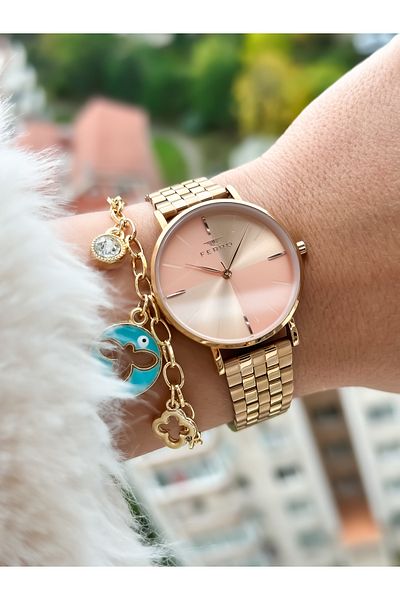 FERRO Brand New Season Rose Color, Steel Strap, Simple Model Women's Wristwatch + Bracelet in Box