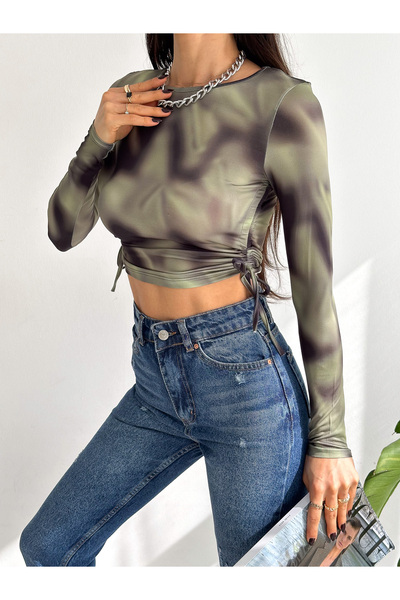 QUTTA Bluză de damă kaki cu șnur lateral, cu imprimeu digital, cu guler rotund