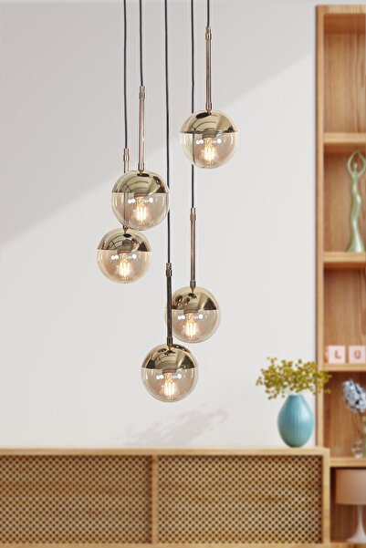Evnalia Nova 5 Li Gold-Siyah Metal Gövde Bal Rengi Camlı Tasarım Lüx Sarkıt A...