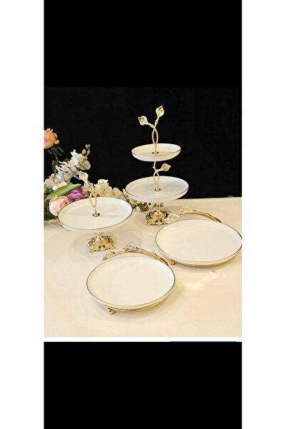 MaviDamla 4 Parca Ayaklı Gala Model Porselen Sunum Seti Gold Üzerine Gümüş De...