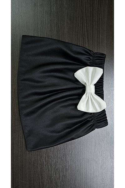 NSMLİFE Fusta din satin neagră pentru fetiță Fusta cu fundă albă cu talie elastică