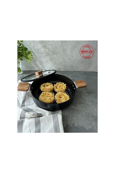 NEOFLAM Bien Black 7-Piece x Induction Wok Acacia Wood Pot Pan Set with Handle