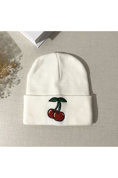 TOFY BUTİK Cherry Printed Beret White