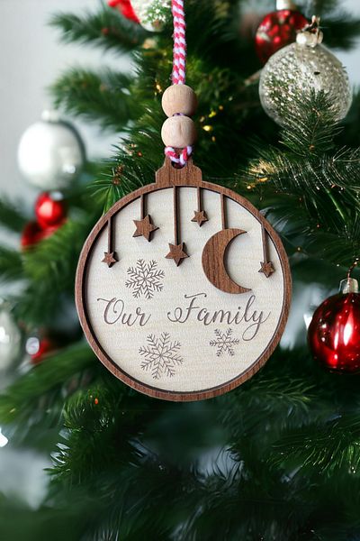 HippoDeco Scandinavian Style Our Family Written Moon and Star Detailed Snowflake Patterned Christmas Tree Ornament