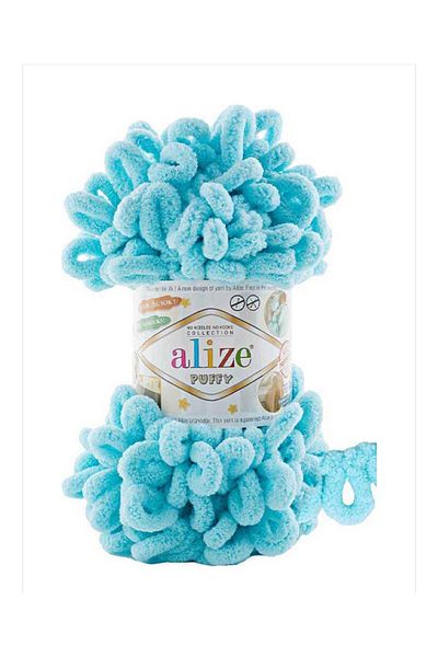 Alize Turquoise Blue 5 Pieces Puffy Hand Knitted Velvet String Braid Lanyard No 128