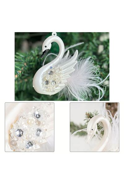 QUEEN AKSESUAR Imported Luxury Collectible White Stone with Pearls Feathered Swan Christmas Pine Tree Decoration Ornament