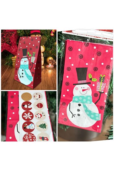 QUEEN AKSESUAR Imported Christmas Snowman Pattern Labeled Gift Package Cookie Candy Chocolate Paper Bag Packaging
