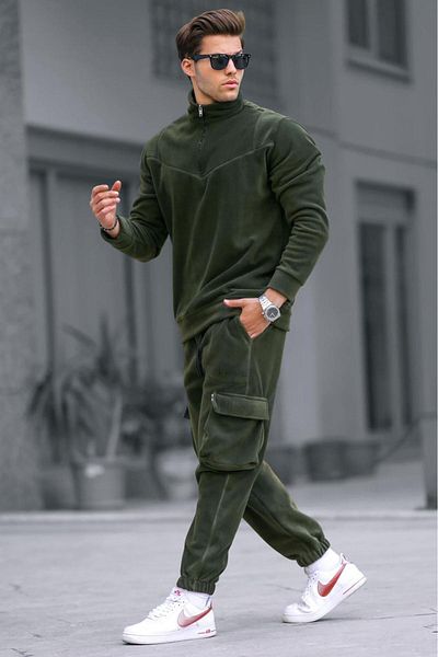 Madmext Khakifarbenes Fleece-Trainingsanzug-Set für Herren mit Reißverschlusskragen 5931