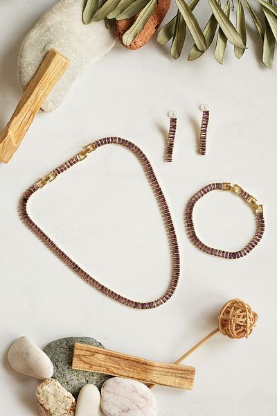 Serelia Purple Zircon Stone Baguette Model Su Yolu Gold Necklace & Bracelet & Earring Set 5 mm