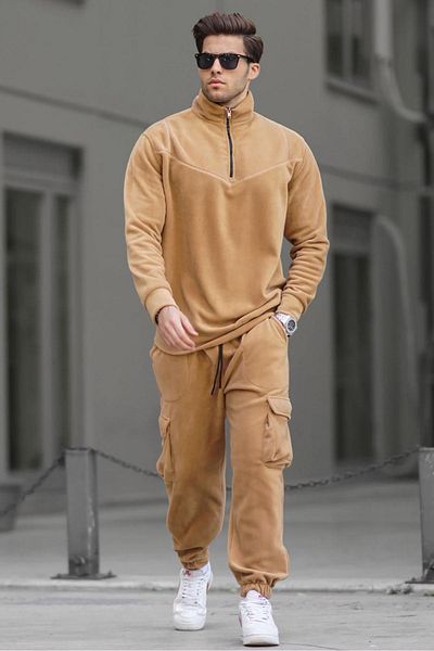 Madmext Senfgelbes Fleece-Trainingsanzug-Set für Herren mit Reißverschlusskragen 5931