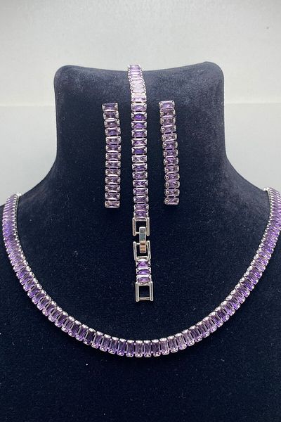 Serelia Purple Zircon Stone Baguette Model Su Yolu Silver Necklace & Bracelet & Earring Set 5 mm