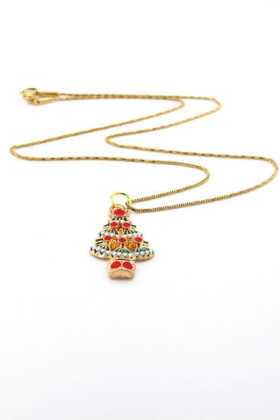 Solfera Christmas New Year Ornate Pine Tree Christmas Steel Chain Necklace Q0746