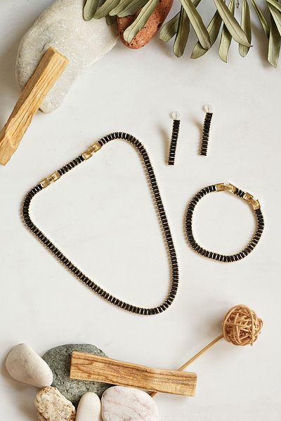 Serelia Black Zircon Stone Baguette Model Su Yolu Gold Necklace & Bracelet & Earring Set 5 mm