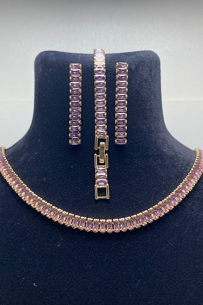 Serelia Purple Zircon Stone Baguette Model Su Yolu Gold Necklace & Bracelet & Earring Set 5 mm