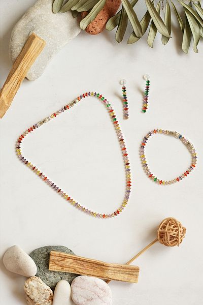 Serelia Colorful Zircon Stone Shuttle Model Waterway Silver Necklace & Bracelet & Earring Set 5 mm