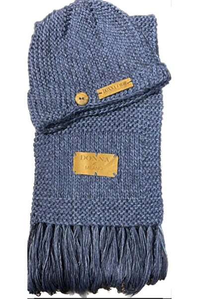 donna e milano Wool Hand Knitted Melted Blue Scarf Beanie Set