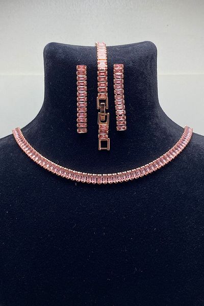 Serelia Pink Zircon Stone Baguette Model Waterway Rose Necklace & Bracelet & Earring Set 5 mm
