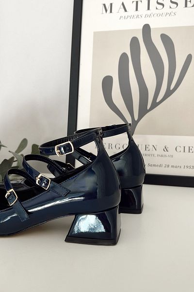 POLKA STORE Women's Mary Jane Navy Blue Patent Leather Closed Back Three-Striped Square Toe Helmet Short Block Heeled Shoes