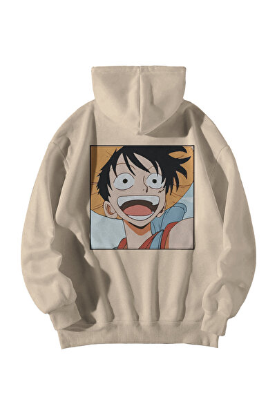 Calvin Jones Krem Unisex Oversize Kapüşonlu Kanguru Cepli One Piece Anime Bas...
