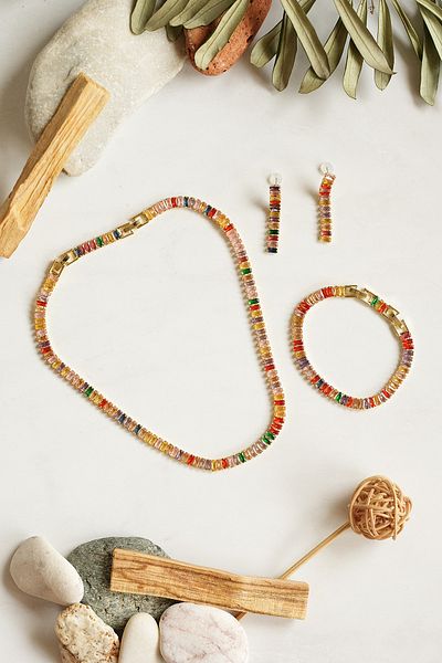 Serelia Colorful Zircon Stone Baguette Model Su Yolu Gold Necklace & Bracelet & Earring Set 5 mm