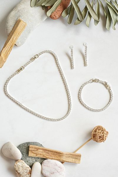 Serelia White Zircon Stone Round Model Waterway Silver Necklace & Bracelet & Earring Set 4 mm