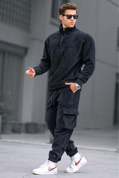 Madmext Schwarzes Herren-Trainingsanzug-Set aus Fleece mit Reißverschlusskragen 5931