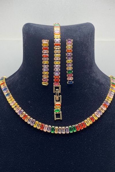Serelia Colorful Zircon Stone Baguette Model Su Yolu Gold Necklace & Bracelet & Earring Set 5 mm