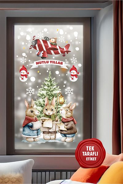 AlyMarkt New Year's Glass Decorations - Rabbit and Airplane Themed Children's Room Sticker 58X29