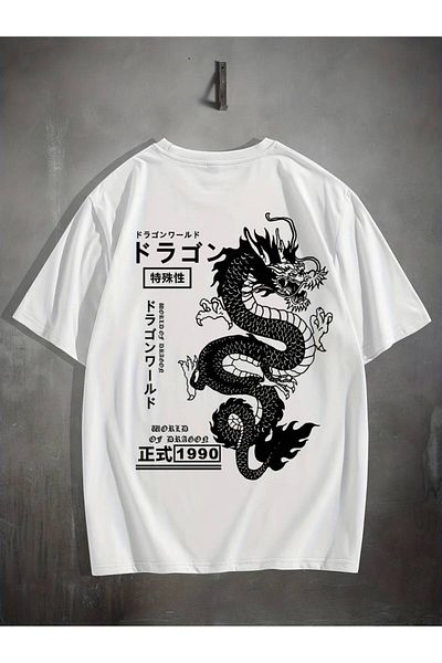 NOFLEN Tricou oversize 100% bumbac cu imprimeu dragon unisex