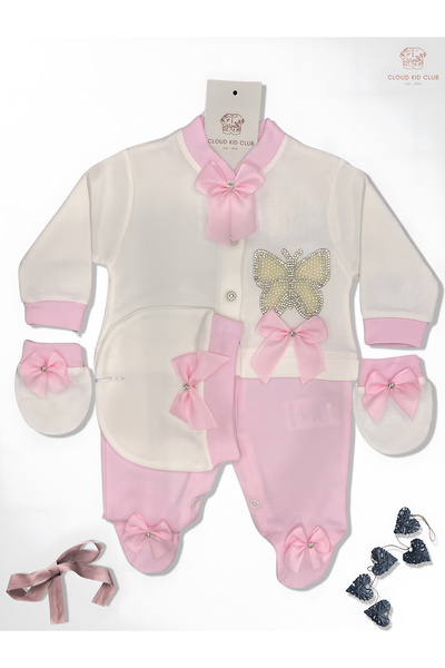 cloudkidclub Pembe Kelebek %100 Doğal Pamuk 3'lü Takım Bebek Tulum 0-9 Ay
