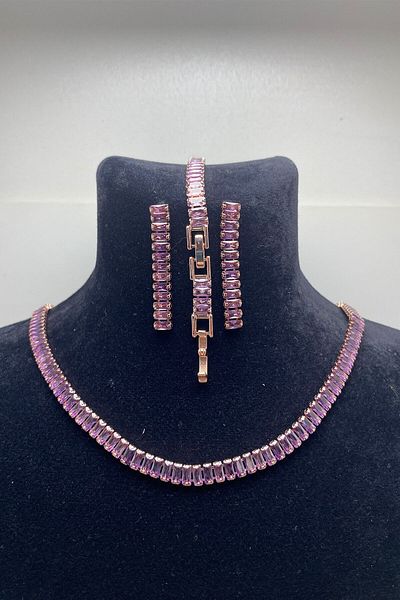 Serelia Purple Zircon Stone Baguette Model Waterway Rose Necklace & Bracelet & Earring Set 5 mm