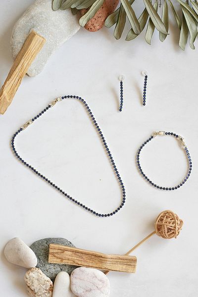 Serelia Sapphire Zircon Stone Round Model Waterway Silver Necklace & Bracelet & Earring Set 3 mm