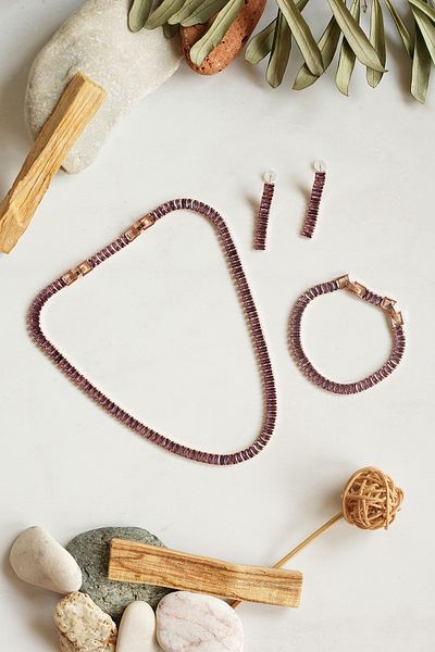 Serelia Purple Zircon Stone Baguette Model Waterway Rose Necklace & Bracelet & Earring Set 5 mm
