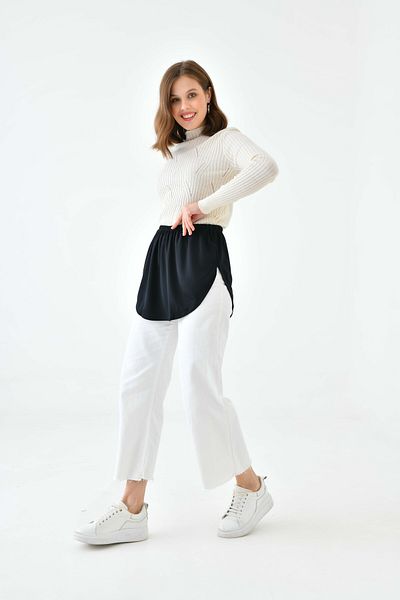 mirach Black Round Neck T-Shirt - Skirt Slit Elastic Lining Inner Skirt