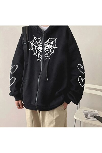 Rbgstore Siyah Kapşonlu Fermuarlı Kanguru Cepli Gotik Kalp Baskılı Sweat Hırka