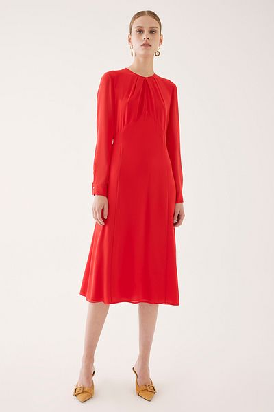 Perspective Dixie Regular Fit Midi Length Fake Sleeve Half Stand Collar Red Color Dress