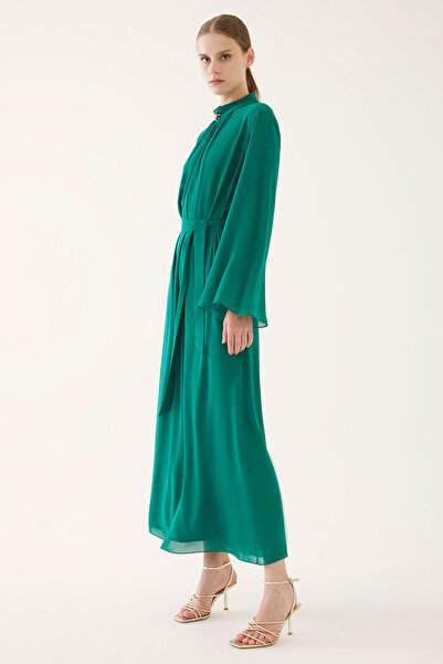 Perspective Dixie Regular Fit Maxi Length Fake Sleeve Half Stand Collar Emerald Green Color Dress