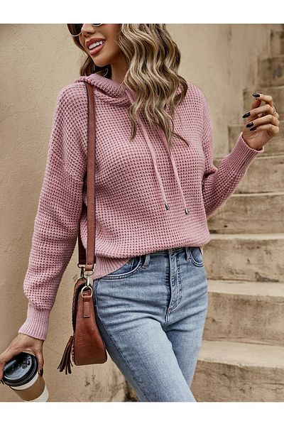 AQE FASHION Tricoturi cu glugă, cu mânecă lungă, cu gât rotund, pulover