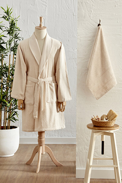 Karaca Home Marion Bej %100 Pamuk Bornoz Set L/XL