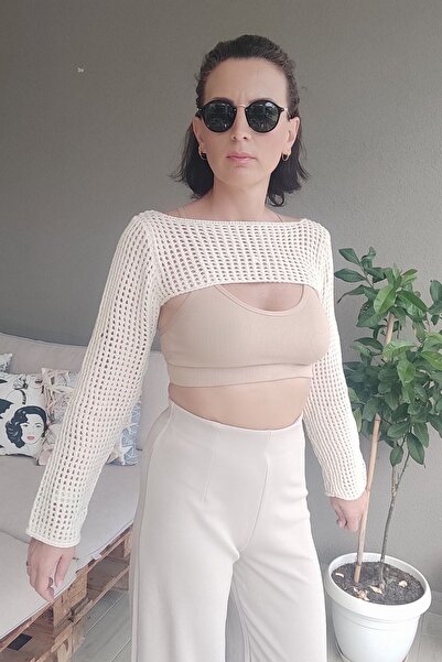 lady special Kadın Krem Ajurlu Kısa Triko Crop