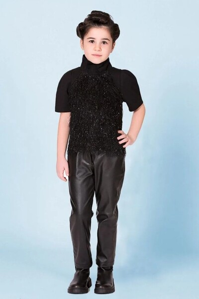 GOOSE Kız Çocuk Önü Püsküllü Balıkçı Yaka Yarım Kollu Siyah Şık Örme Bluz