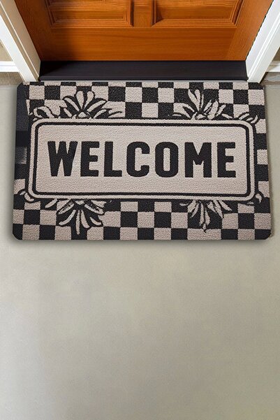 Valerine Life Dama ve Yaprak Desenli Siyah Beyaz Welcome Kapı Önü Paspası 45x70cm