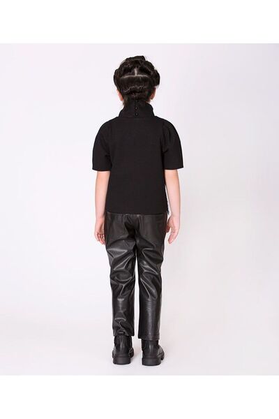 GOOSE Kız Çocuk Önü Püsküllü Balıkçı Yaka Yarım Kollu Siyah Şık Örme Bluz