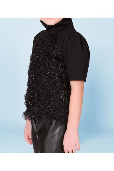 GOOSE Kız Çocuk Önü Püsküllü Balıkçı Yaka Yarım Kollu Siyah Şık Örme Bluz