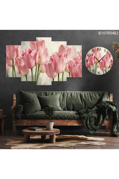 A2ZTR Parçalı Ahşap Duvar Tablo 5 Parça Set Ve saatli