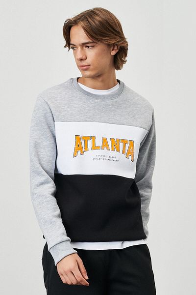 AC&Co / Altınyıldız Classics Ανδρικό φούτερ G.melange-λευκό-μαύρο Standard Fit Regular Cut με στάμπα με λαιμόκοψη με φλις μέσα