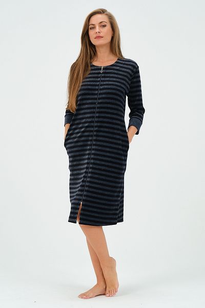İntensive Rochie de damă din catifea în dungi albastru bleumarin cu buzunare cu fermoar