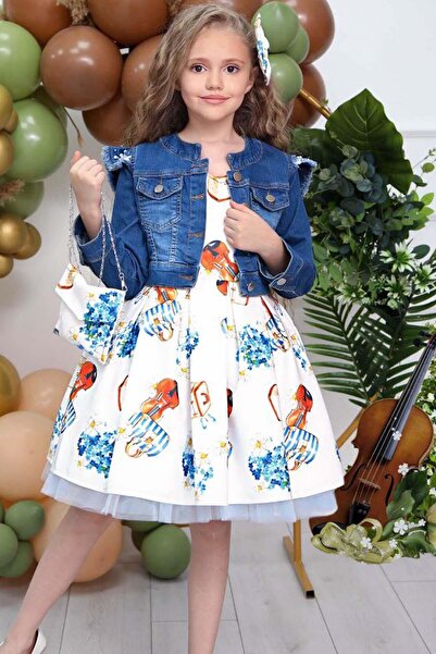 Riccotarz Kız Çocuk Omzu İnci Boncuk Detaylı Denim Ceket ve Desenli Beyaz Elbise